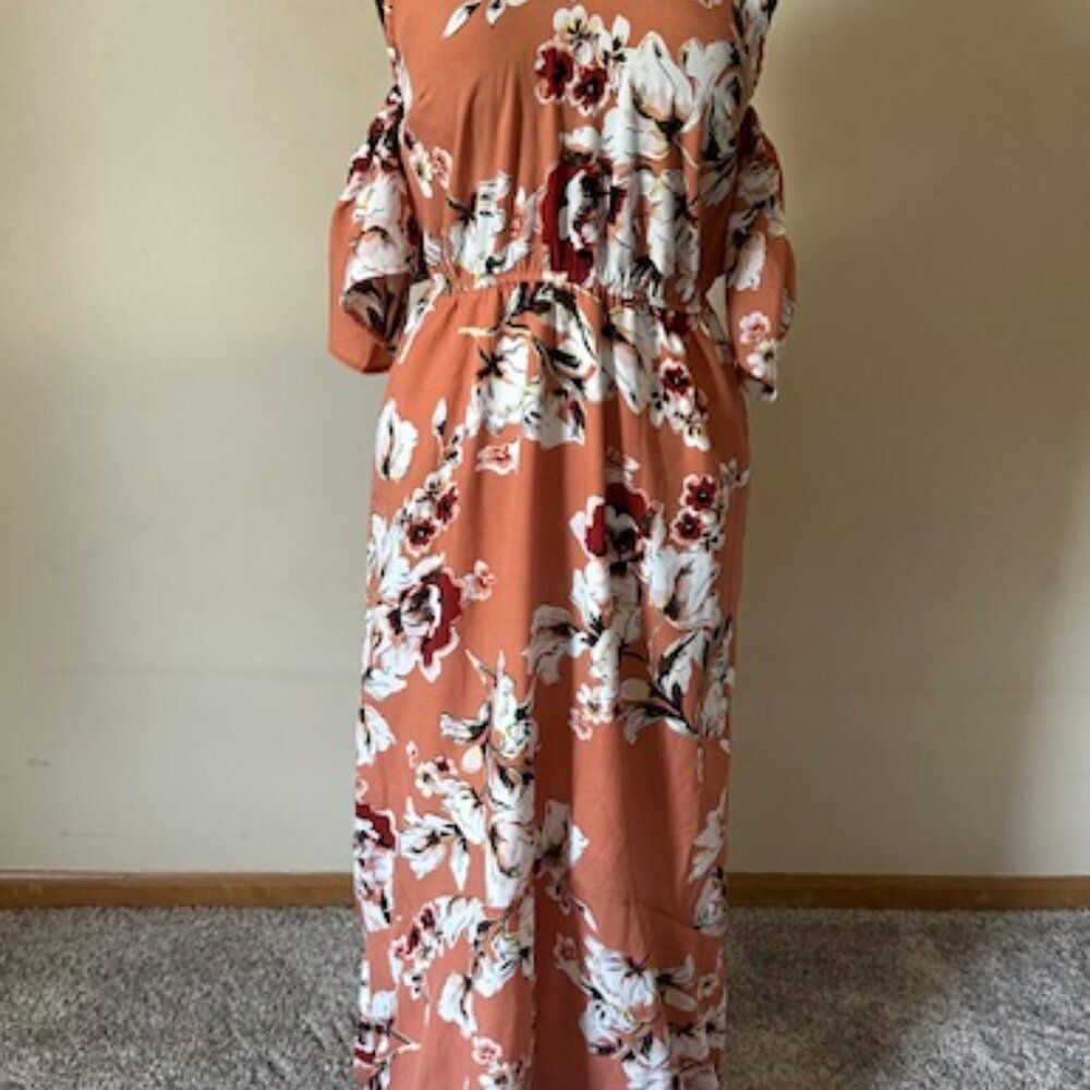Miss Kelly Earthy Orange Floral Off Shoulder Maxi Dress   8474  Medium